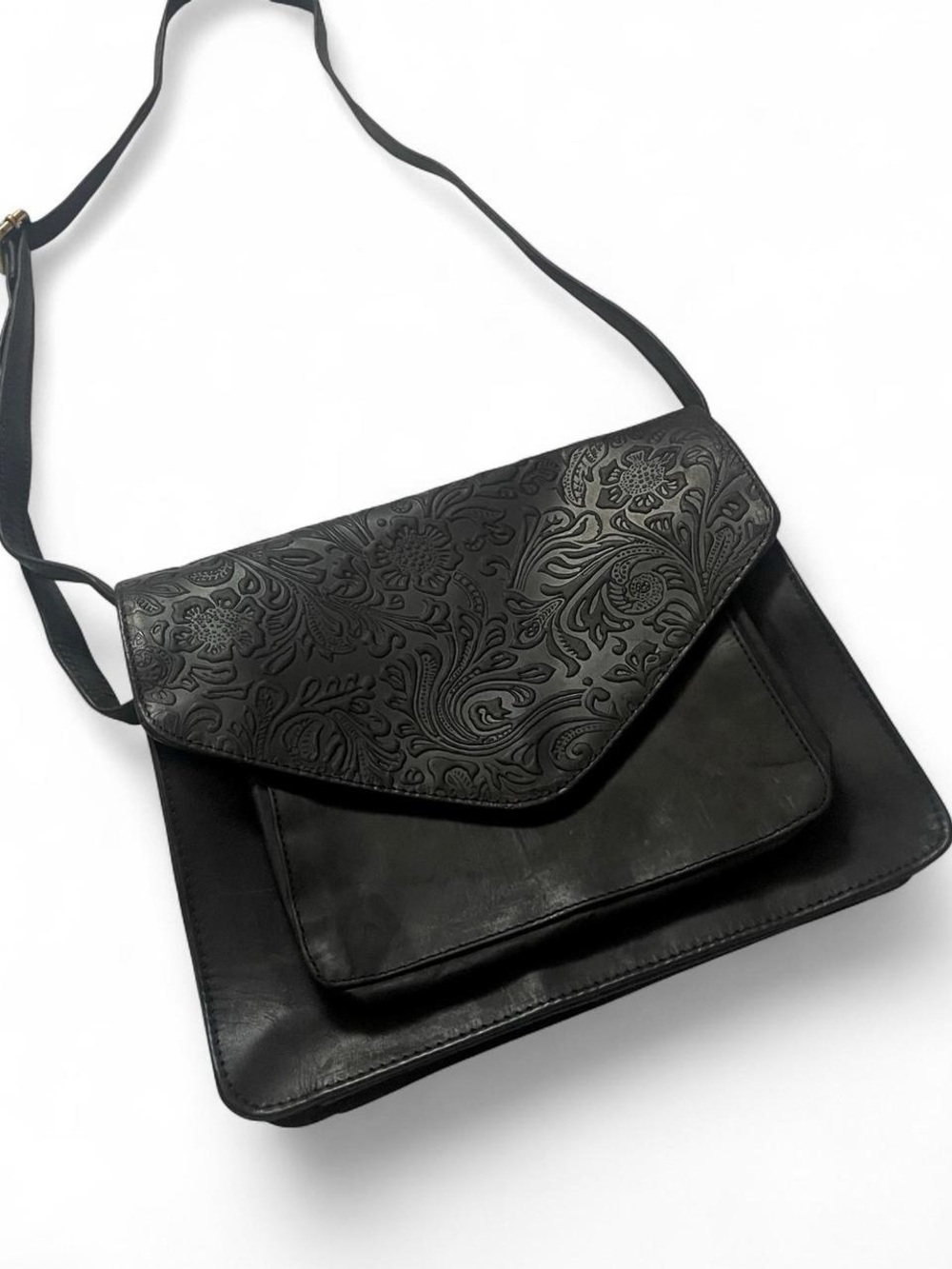 Vintage Boho Black Leather Crossbody Bag with Floral Paisley Design